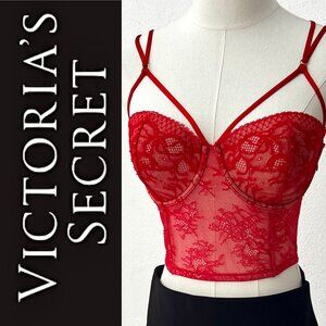 EUC Victoria's Secret Very Sexy Red Lace Cage Bustier Corset Bra Top Size 32 DD